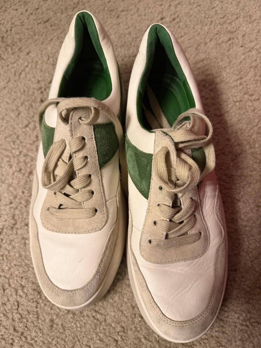 Vince White and Green Leather Lace-Up Sneakers